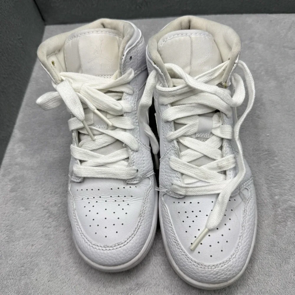 Air Jordan 1 Mid GS Triple White 3.5Y White Leather Sneakers 554725-130